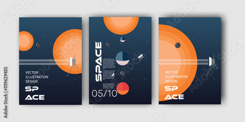 minimalist trendy illustration of satellite, cosmic space posters