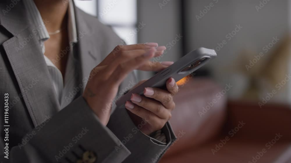 Close-up of businesswoman browsing online on smartphone Close-up of businesswoman browsing online on smartphone