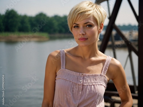 Blonde woman with short haircut by a river in sunny outdoor setting