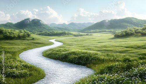 Serene river meandering through a lush green valley under a bright sky.