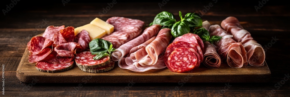 Variety of cured meats on wooden board. Variety of cured meats on wooden board.