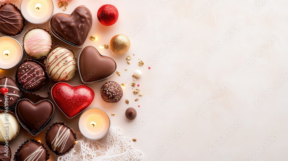 Assorted Chocolates in Heart Shape Arrangement Surrounded by Candles and Decorative Elements for Romantic Occasions Assorted Chocolates in Heart Shape Arrangement Surrounded by Candles and Decorative Elements for Romantic Occasions