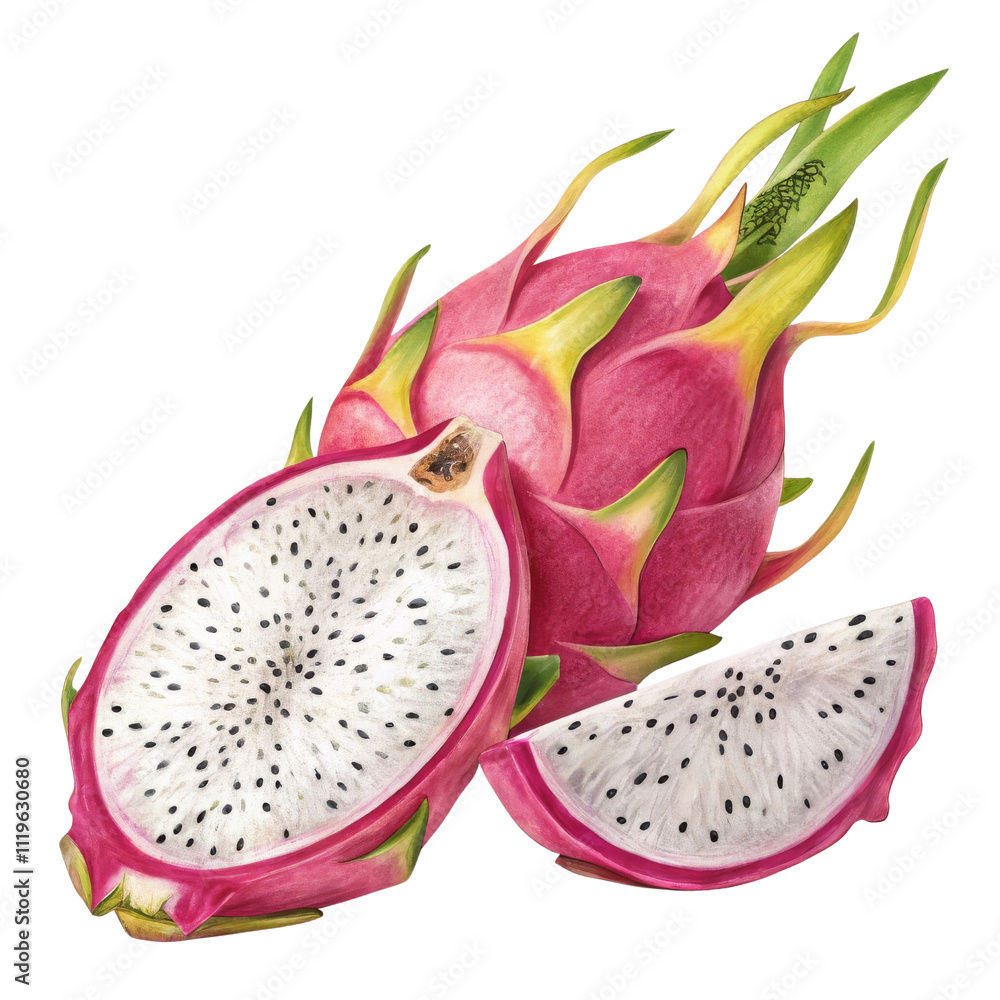 Halved dragon fruit with vibrant colors and detailed texture Halved dragon fruit with vibrant colors and detailed texture