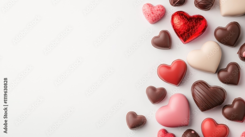 Flat Lay Arrangement of Red and Pink Heart-Shaped Chocolates on a Light Background for Celebrations and Special Occasions Flat Lay Arrangement of Red and Pink Heart-Shaped Chocolates on a Light Background for Celebrations and Special Occasions