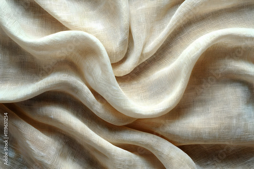 Beige Fabric Drapes, Soft Waves, Textured Surface, Abstract Design, Elegant, Flowing, Woven, Detailed, Close-up, Subtle, Creamy, Natural, Gentle, Curtains, Home Decor.