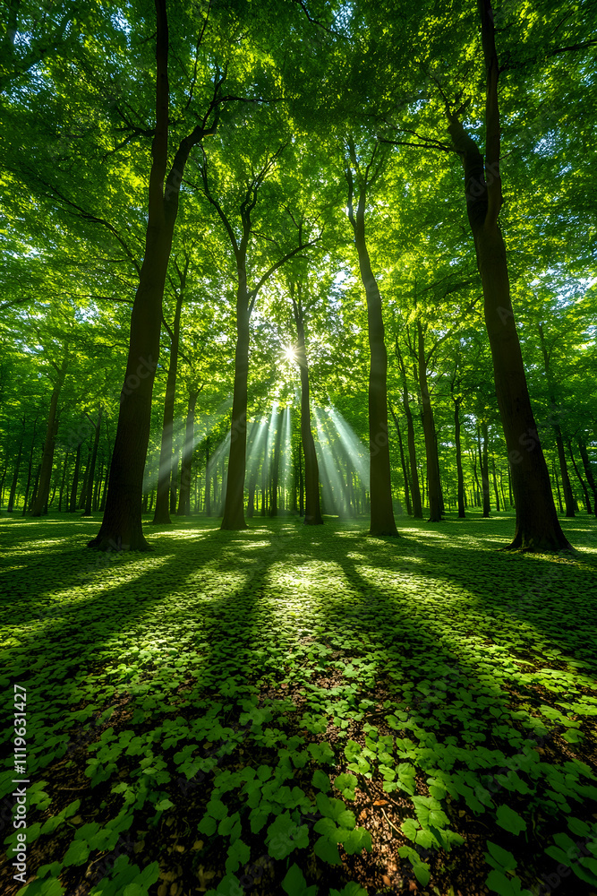 Sunbeams pierce lush green forest, dappled light on groundcover. Sunbeams pierce lush green forest, dappled light on groundcover.