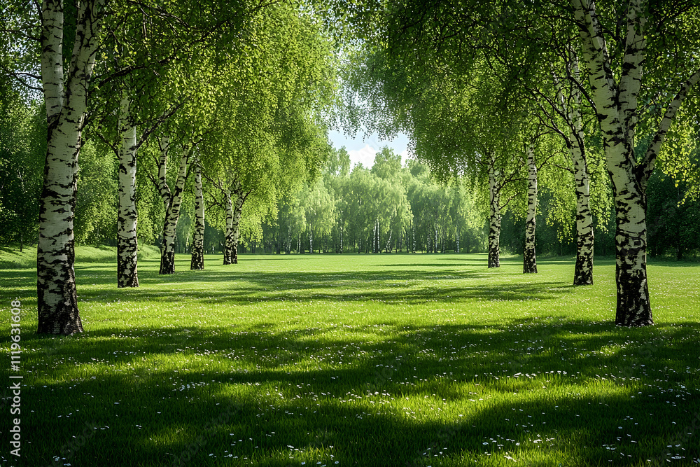 Sunlit birch tree grove with vibrant green grass. Sunlit birch tree grove with vibrant green grass.