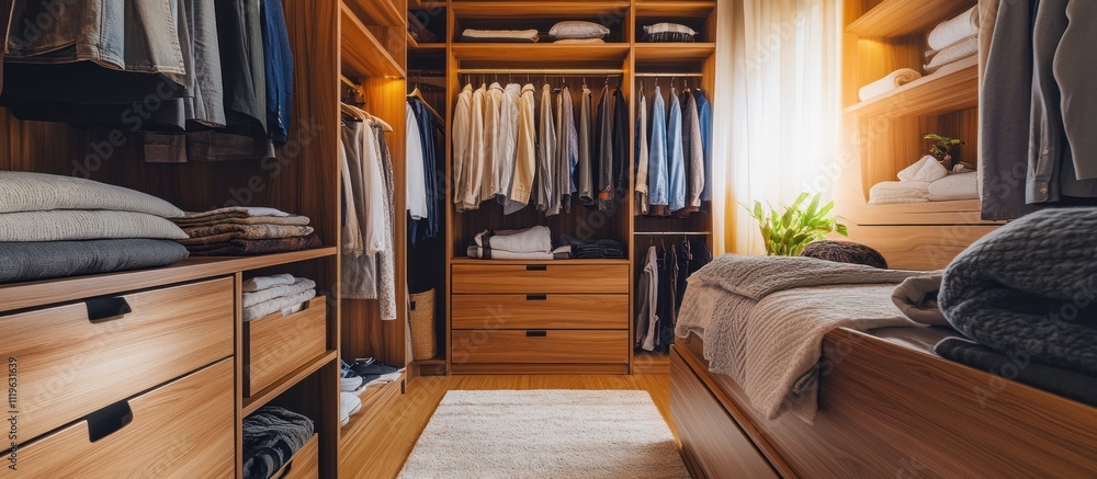 Walk-in closet with a bed inside a small apartment. Walk-in closet with a bed inside a small apartment.