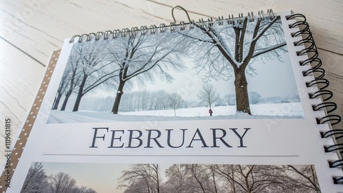 A close-up of a February calendar page featuring a serene snowy landscape with bare trees, symbolizing wintertime and organization.
