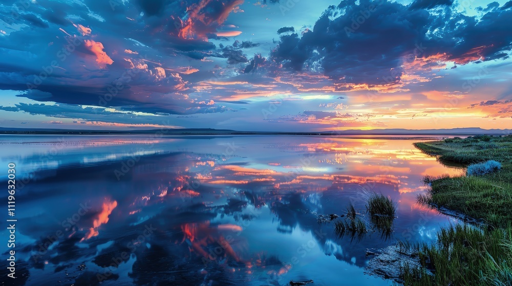 High-end photography of a serene lake at twilight, the sky filled with colorful clouds and the water reflecting the scene High-end photography of a serene lake at twilight, the sky filled with colorful clouds and the water reflecting the scene