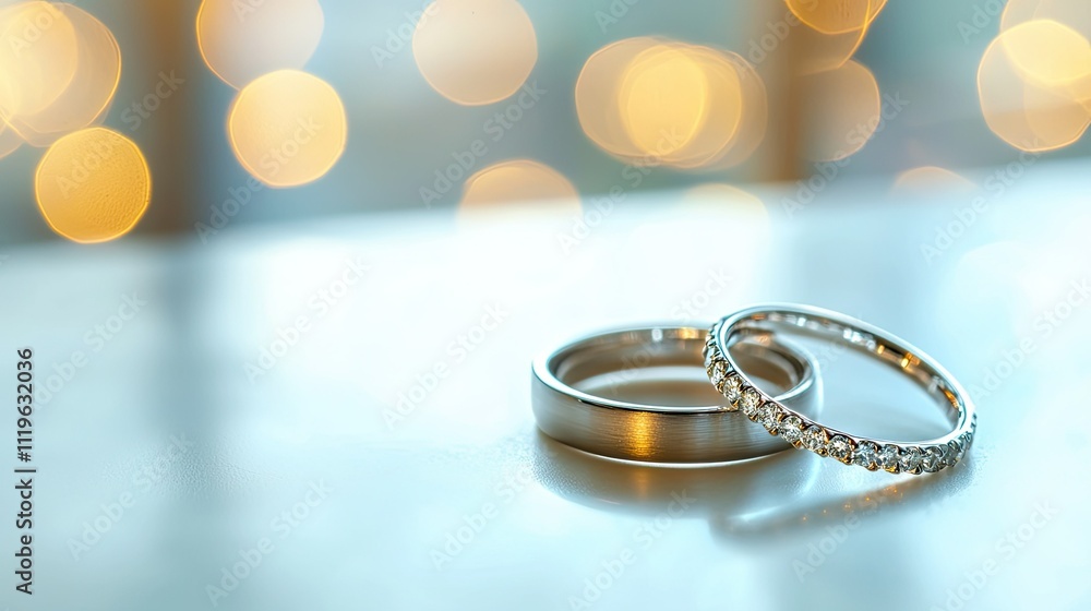 Two wedding rings on a shiny surface with bokeh background. Two wedding rings on a shiny surface with bokeh background.