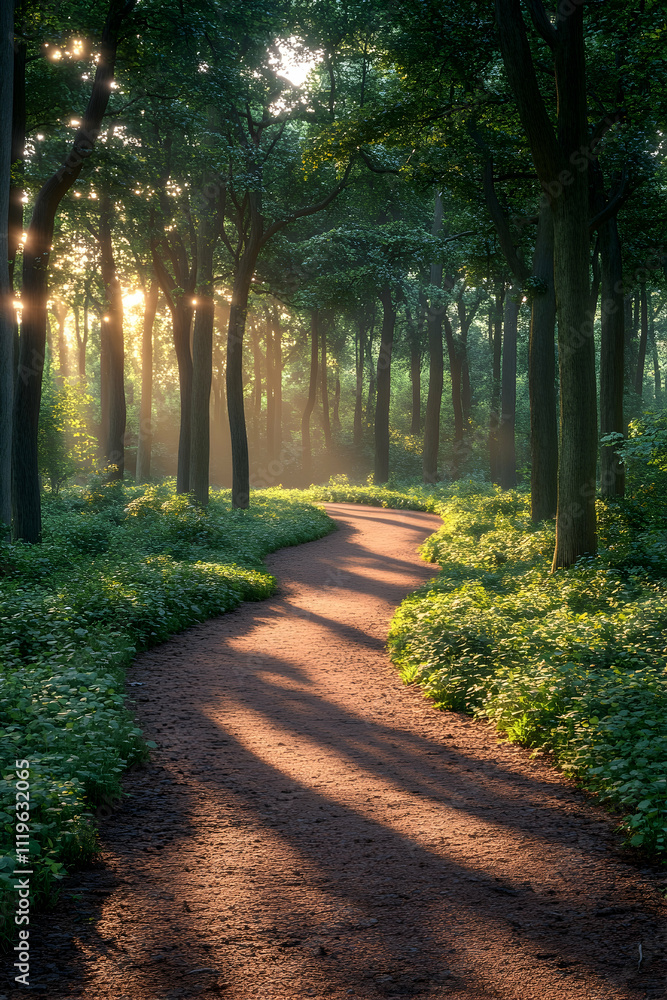 Fototapeta premium Sunlit path winding through a lush green forest at sunrise.