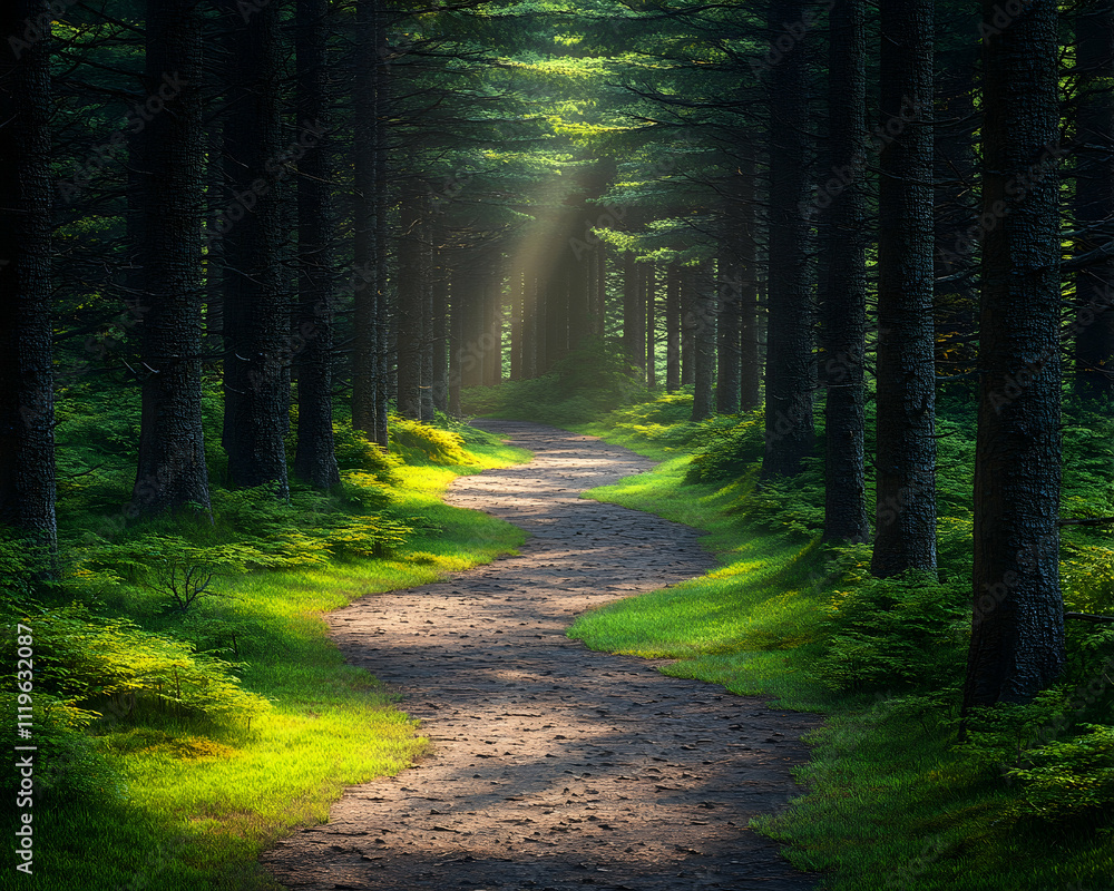 Fototapeta premium Sunlit path winding through a lush, green forest.