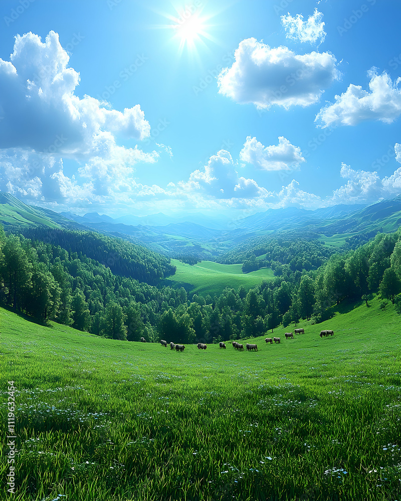 Naklejka premium Sunny day, cattle grazing in green valley.