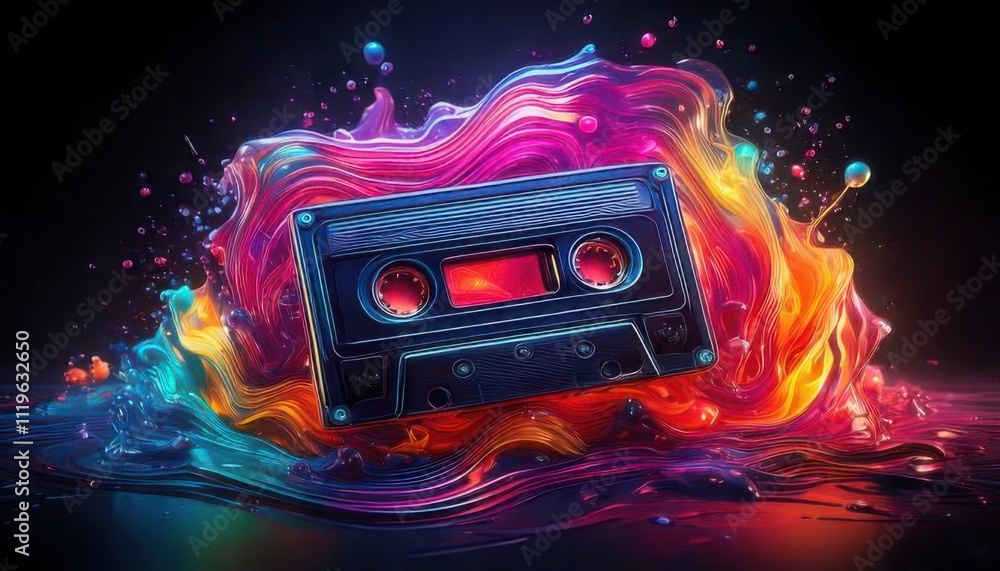 Fototapeta premium Abstract cassette tape shapes melting into vibrant neon waves, symbolizing retro music