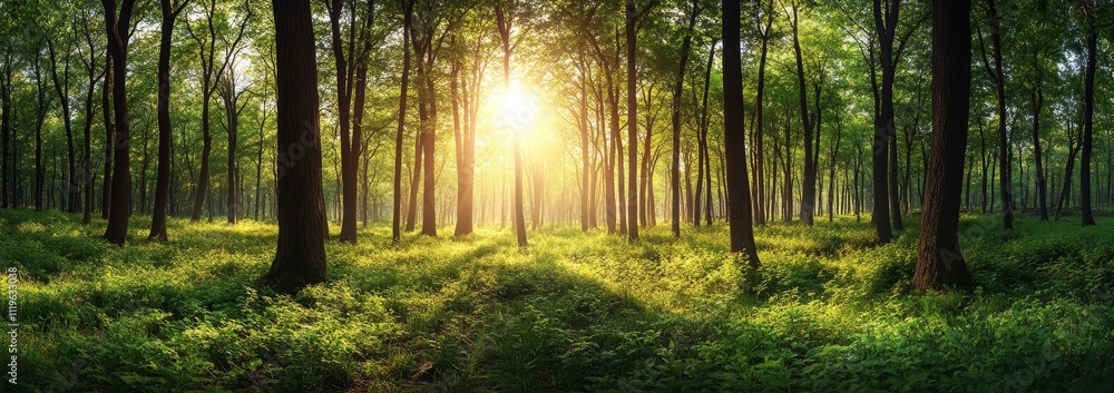 Fototapeta premium Sunlight streaming through a dense forest, illuminating the green undergrowth.