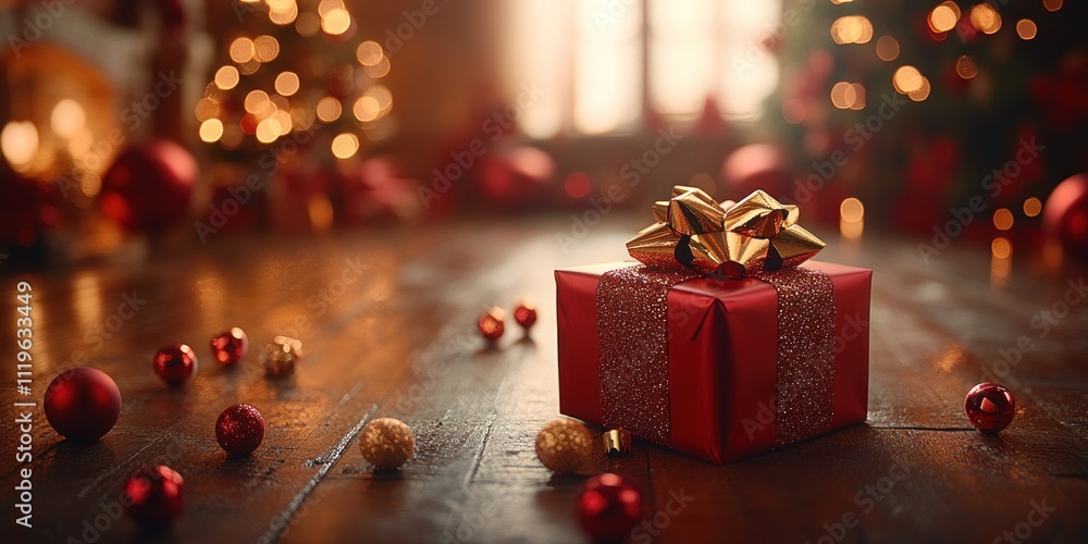 A beautifully wrapped red gift box adorned with a shiny red and gold bow in a festive living room setting A beautifully wrapped red gift box adorned with a shiny red and gold bow in a festive living room setting