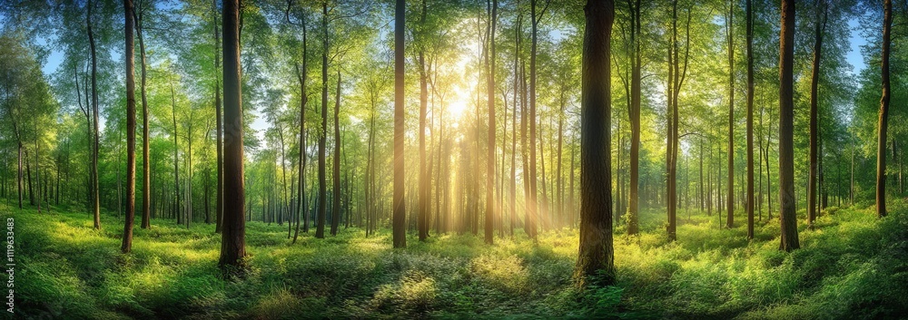 Fototapeta premium Sunlight shines through the trees in a lush green forest.