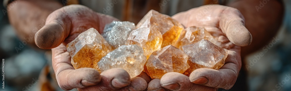 Close-up of miners hands showing freshly mined crystals in a rugged outdoor location during daylight hours Close-up of miners hands showing freshly mined crystals in a rugged outdoor location during daylight hours