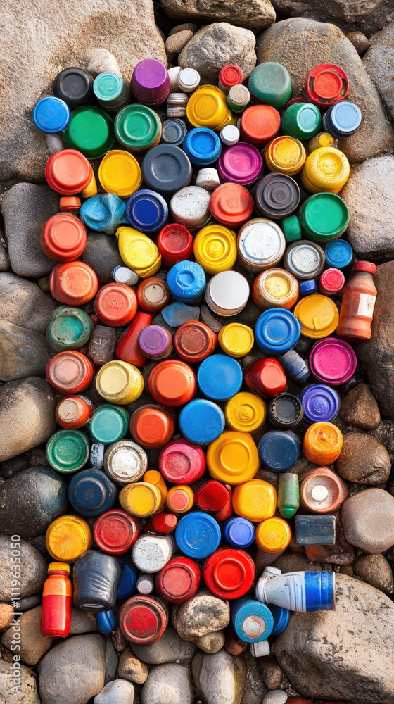 Overconsumption, A vibrant collection of colorful bottle caps arranged on pebbles, showcasing a variety of shapes and sizes in a visually appealing pattern. Overconsumption, A vibrant collection of colorful bottle caps arranged on pebbles, showcasing a variety of shapes and sizes in a visually appealing pattern.