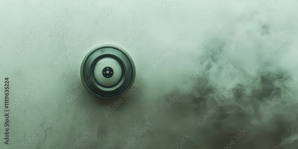 fire alarm and smoke concept. A close-up of a circular object on a foggy surface, suggesting mystery and surveillance. fire alarm and smoke concept. A close-up of a circular object on a foggy surface, suggesting mystery and surveillance.