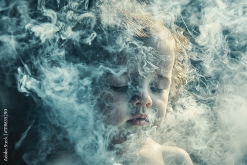 A child surrounded by smoke, representing a pregnancy no-smoke concept. photo