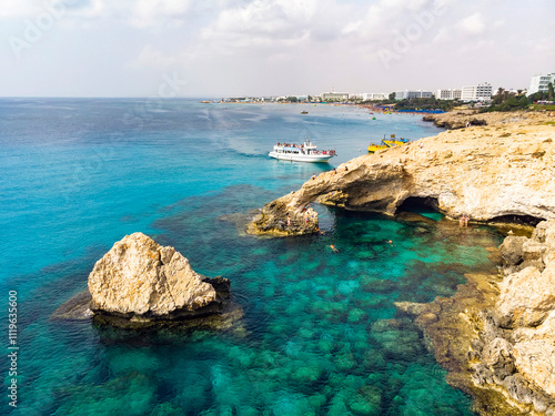Wallpaper Mural The Blue Lagoon on Cyprus Island tropical sea beach Cavo Greco in morning. Natural stone rock love bridge Torontodigital.ca