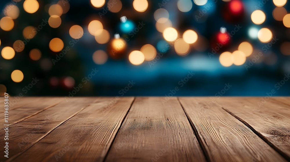 Rustic Wooden Table Christmas Background Festive Lights Blurred Rustic Wooden Table Christmas Background Festive Lights Blurred