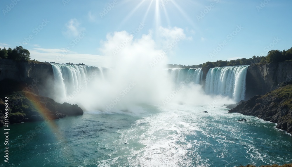 Majestic waterfalls with mist and sunlight illuminating the scenic landscape Majestic waterfalls with mist and sunlight illuminating the scenic landscape