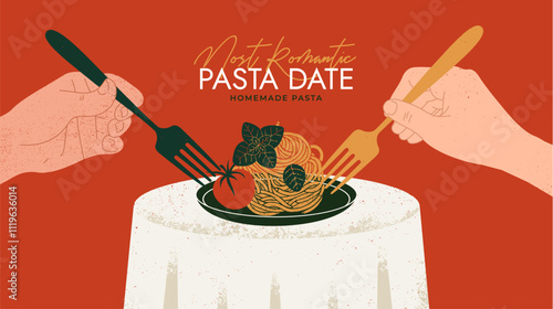 A table with pasta plate and two hands with forks. Pasta date illustration. Vector illustration
