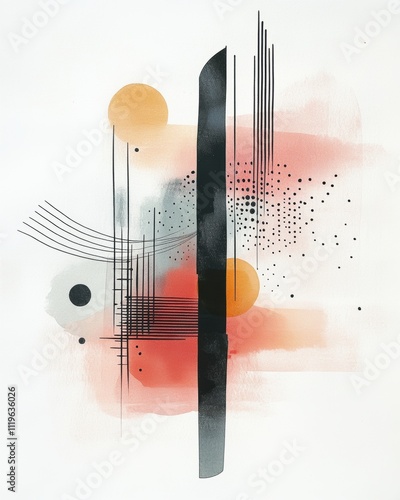 Watercolor, ink wash style illustration of an abstract composition with muted colors and soft brushstrokes 