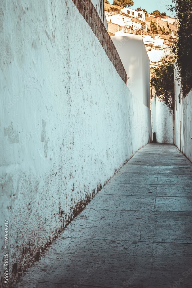 Obraz premium A city street featuring a long concrete wall covered in white plaster, with ample copy space.