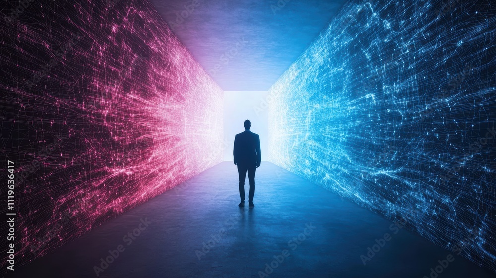 Human Silhouette Standing at the Edge of a Digital Futuristic Space with Colorful Lights Human Silhouette Standing at the Edge of a Digital Futuristic Space with Colorful Lights