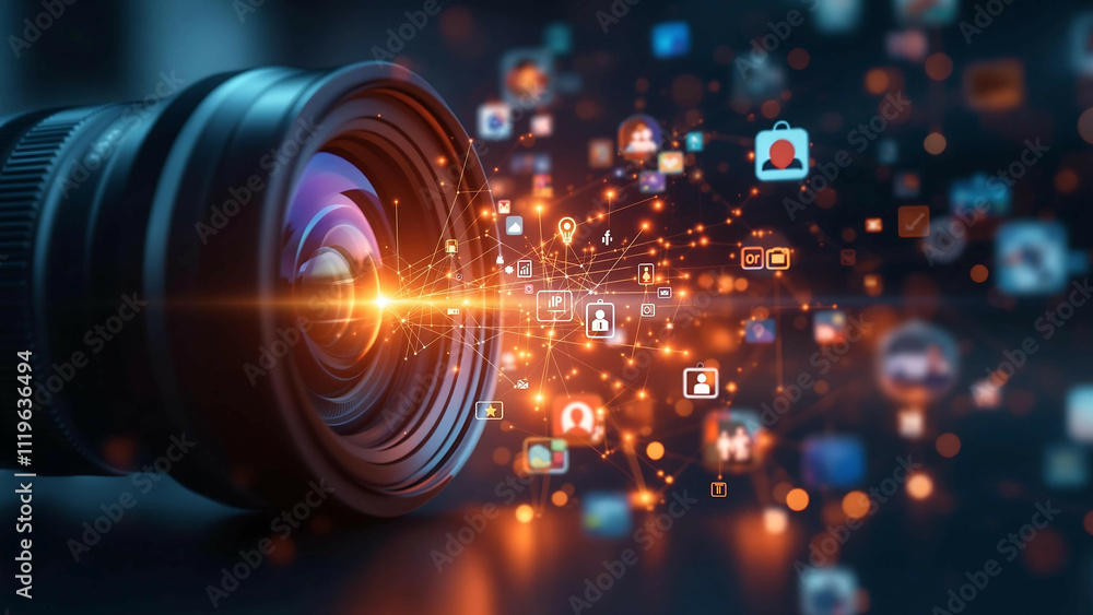 Obraz premium Camera Lens with Digital Network Connections Representation