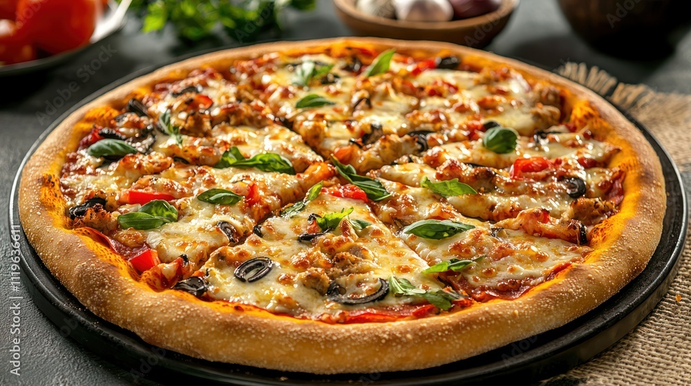 A freshly baked pizza with a golden crust, melted cheese, and an assortment of colorful toppings, highlighting its delicious and appetizing look A freshly baked pizza with a golden crust, melted cheese, and an assortment of colorful toppings, highlighting its delicious and appetizing look