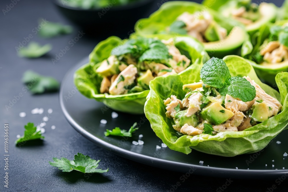 Fresh chicken salad served in lettuce cups with avocado and cilantro garnish for healthy dining Fresh chicken salad served in lettuce cups with avocado and cilantro garnish for healthy dining