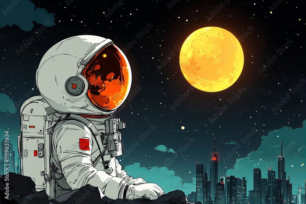 Astronaut gazing at full moon over futuristic cityscape Astronaut gazing at full moon over futuristic cityscape
