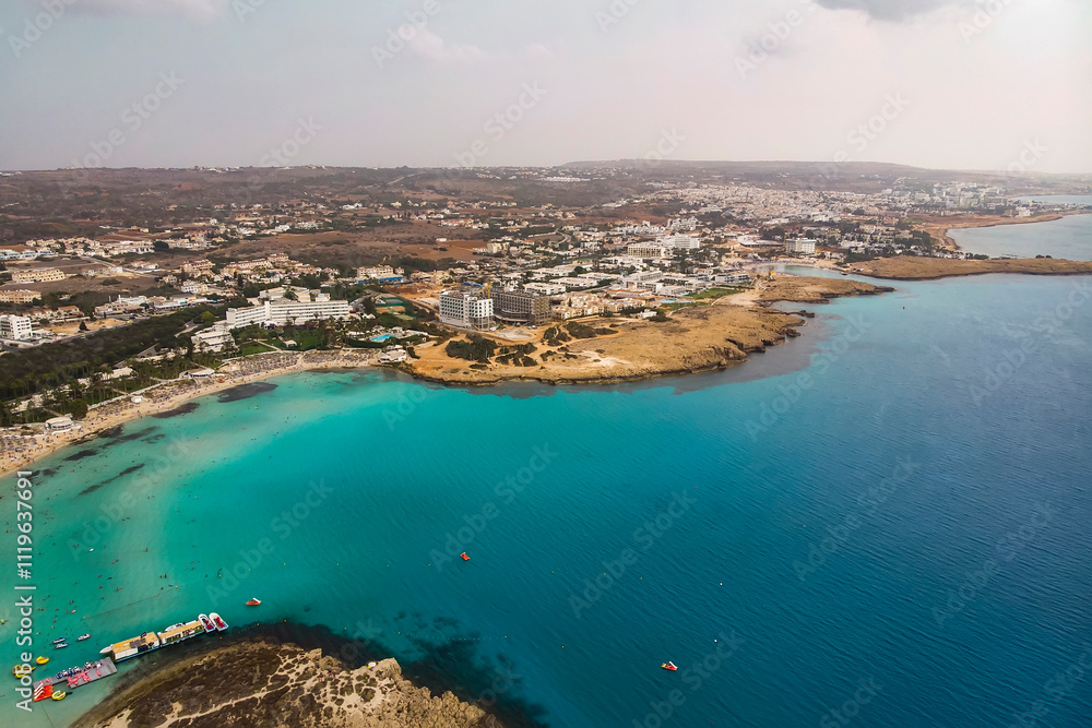 Top view of city of Cyprus and the city of Ayia NAPA. Air view of the resort Mediterranean coastal city.