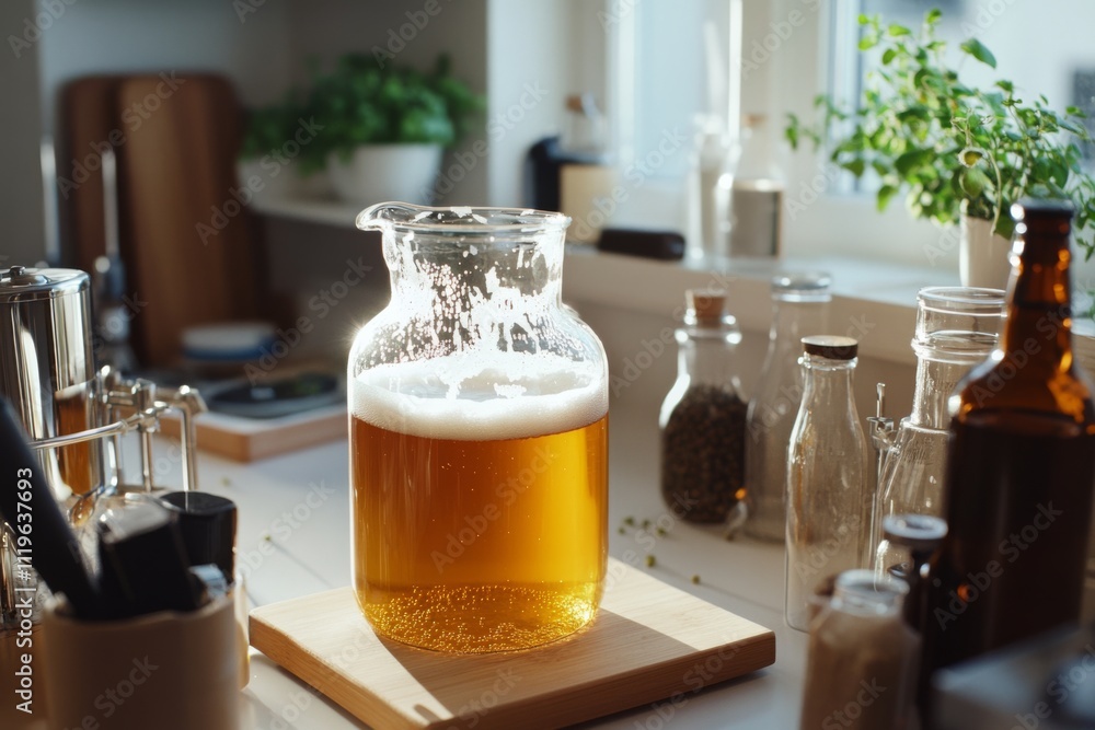 A bright kitchen counter with a frothy, amber liquid-filled jug, beads of condensation catching the light, suggestive of home-brewing. A bright kitchen counter with a frothy, amber liquid-filled jug, beads of condensation catching the light, suggestive of home-brewing.