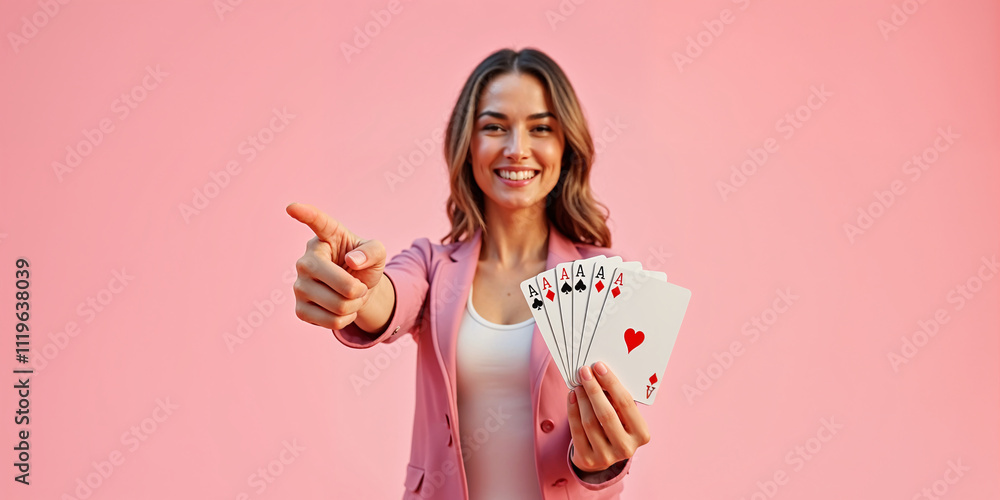 Smile and winning cards showcased by a young woman in a pink blazer during a joyful game setting with a vibrant backdrop Smile and winning cards showcased by a young woman in a pink blazer during a joyful game setting with a vibrant backdrop