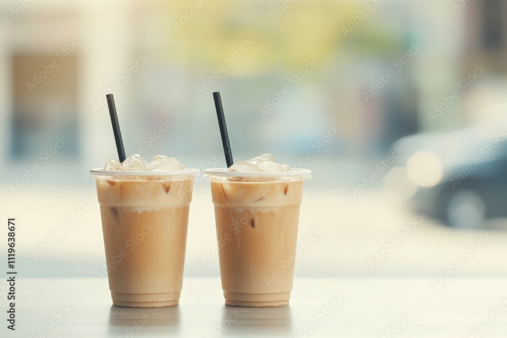 Refreshing iced beverages on a sunny afternoon in an outdoor cafe setting Refreshing iced beverages on a sunny afternoon in an outdoor cafe setting