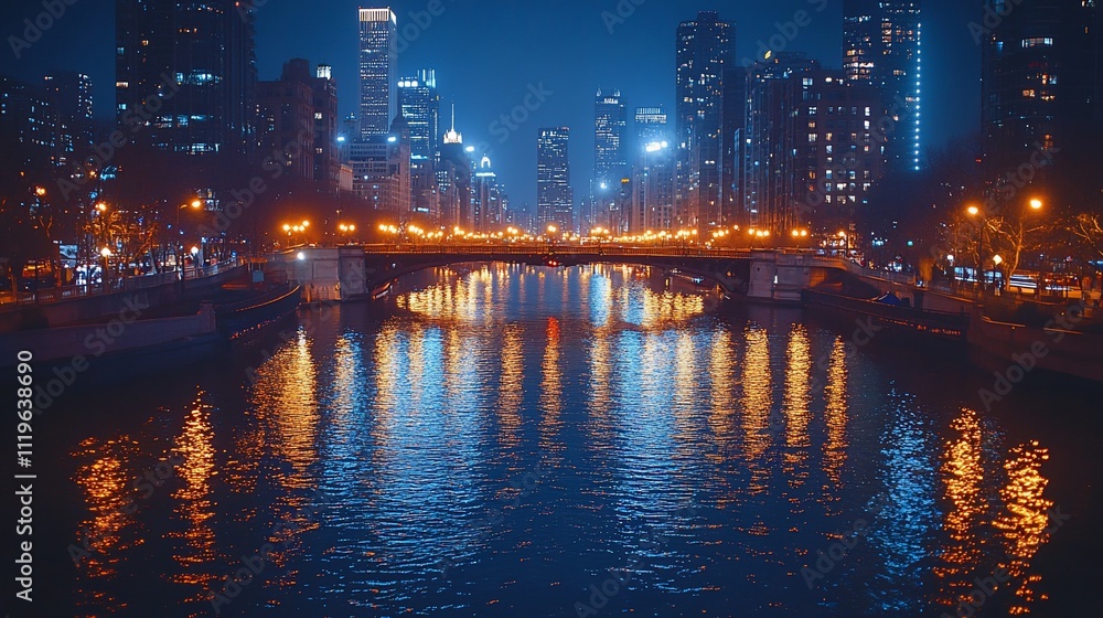 Night cityscape with river reflections and bridge. Night cityscape with river reflections and bridge.