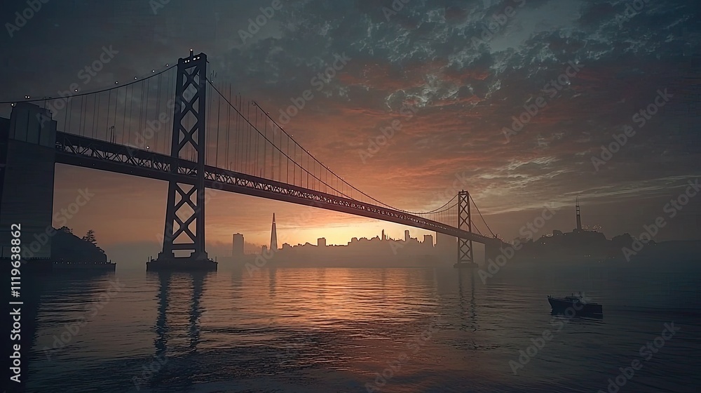 Foggy sunrise over suspension bridge and city skyline. Foggy sunrise over suspension bridge and city skyline.