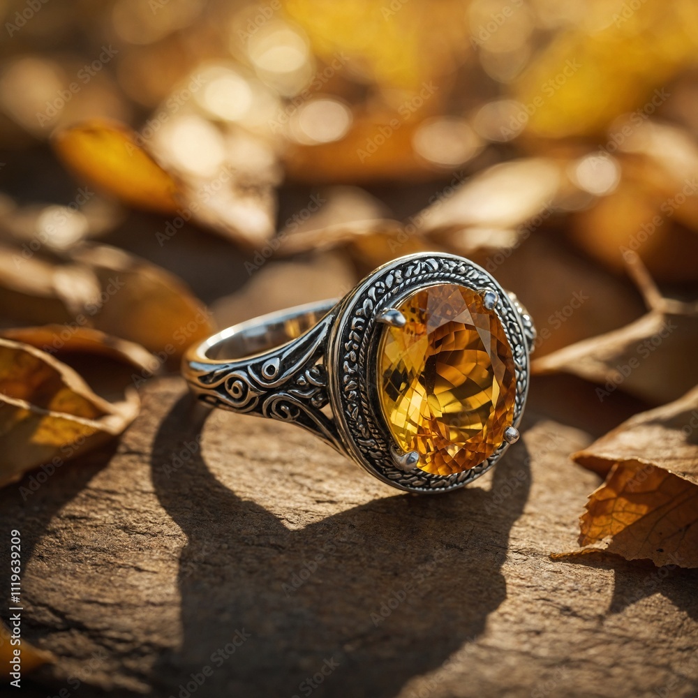 A bright yellow citrine ring displayed under golden autumn light. A bright yellow citrine ring displayed under golden autumn light.