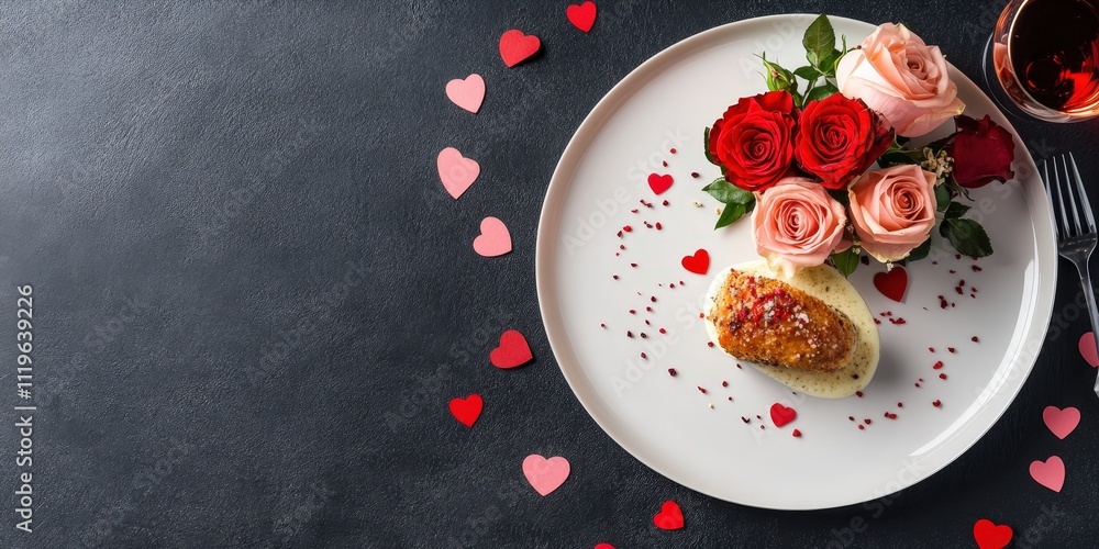 Elegant Romantic Dinner Setup with Flowers and Heart Decorations on Dark Table, Perfect for Special Occasions and Celebrations Elegant Romantic Dinner Setup with Flowers and Heart Decorations on Dark Table, Perfect for Special Occasions and Celebrations