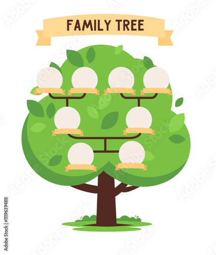Genealogy family tree for ancestry history with photo frames on branches, vector template.