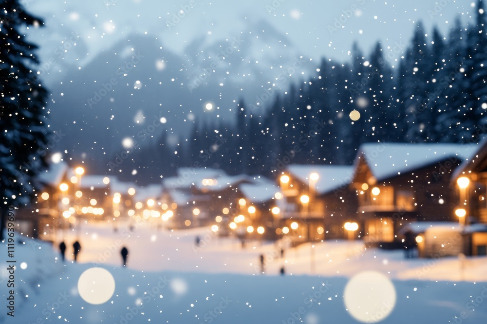 Obraz premium Winter wonderland with snow falling on cozy cabins in a mountainside village