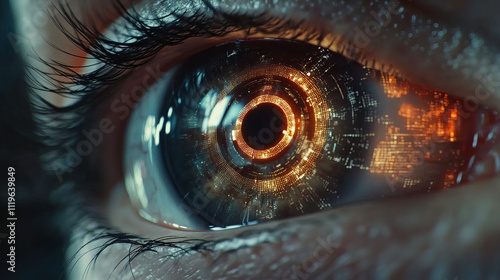 The image shows a close-up of a human eye that has been digitally altered to include elements resembling electronic circuitry and digital graphics within the iris. This creates an effect that makes th