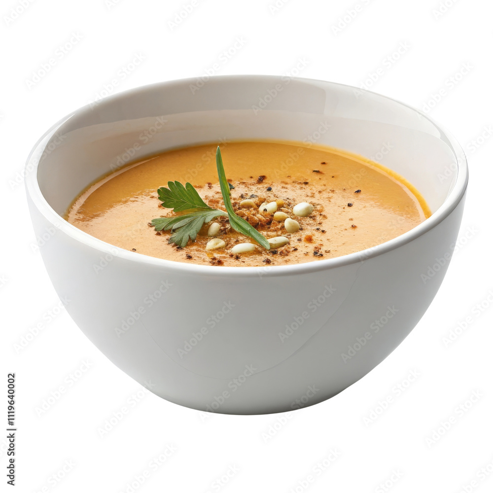Round Ceramic Soup Bowl Filled with Smooth Soup and Garnish Round Ceramic Soup Bowl Filled with Smooth Soup and Garnish