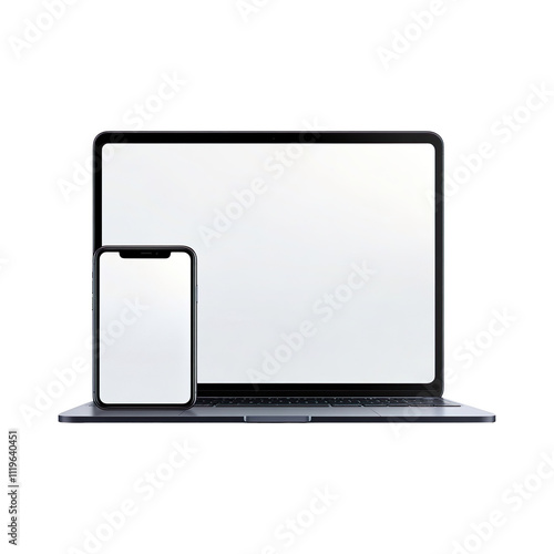 A set of laptop and smartphone device with blank screen isolated on transparent background